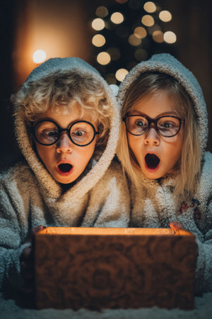 Children in cozy sweaters amazed by a glowing treasure box during a festive evening indoorsの素材