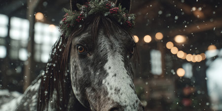 Horse adorned with a festive crown in a barn during snowfall creates a magical winter sceneの素材