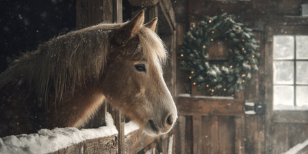 Horse in a snowy stable with a festive wreath during winter timeの素材