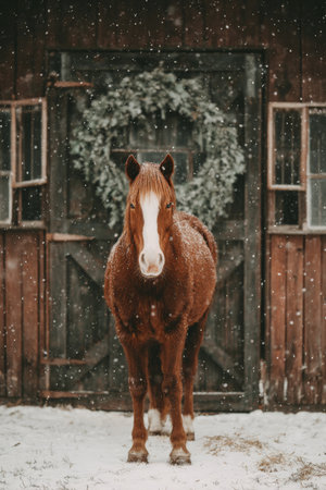 Brown horse standing in snow near a rustic barn decorated with a green wreath during winter snowfallの素材