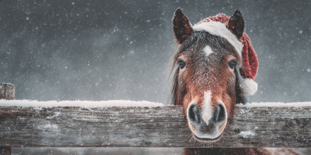 Horse wearing a Christmas hat stands by a wooden fence in the snow during a winter snowfallの素材