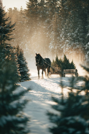 Horse pulls sled through snowy forest with sunlight shining on winter treesの素材
