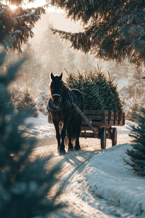 Horse pulls cart with Christmas trees through snowy forest during winter afternoonの素材