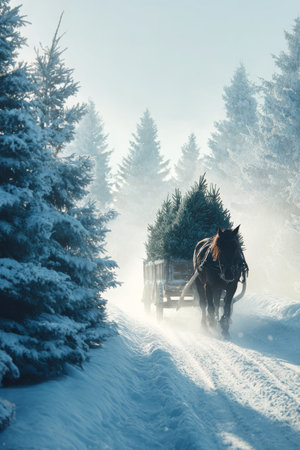 Horse-drawn cart transporting Christmas trees through a snowy forest in winterの素材