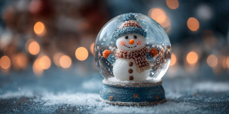 Snow globe with a smiling snowman surrounded by soft snow and warm lights during the winter seasonの素材