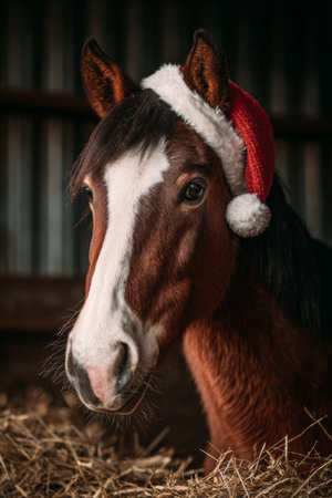 Horse wearing Santa hat in cozy barn during winter seasonの素材