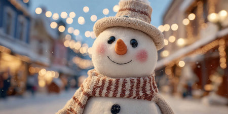 Snowman stands proudly in a charming winter village decorated with festive lights during the holiday seasonの素材