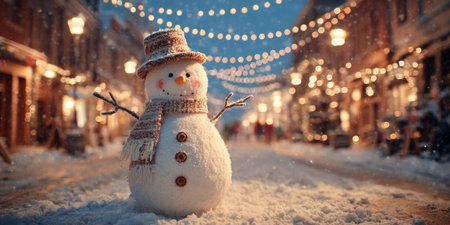 Snowman stands cheerfully on a snowy street adorned with festive lights during a winter evening sceneの素材