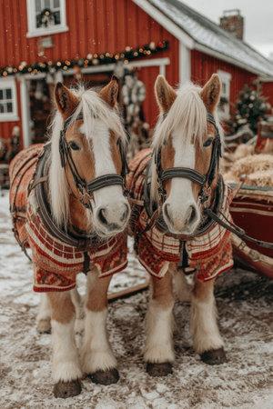 Two beautiful horses in colorful blankets stand ready for a sleigh ride in a snowy, festive farm settingの素材