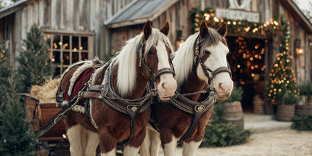 Beautiful draft horses stand ready for a winter carriage ride outside a rustic barn decorated for the holidaysの素材