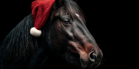 Black horse wearing a red Christmas hat posing against a dark backgroundの素材