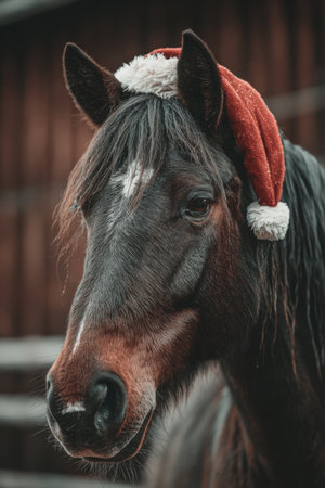 Horse wearing a festive Santa hat in a rustic stable during the holiday seasonの素材