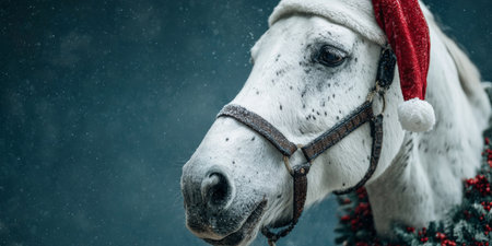 Holiday horse wearing a Santa hat with festive decorations in snowy winter sceneの素材