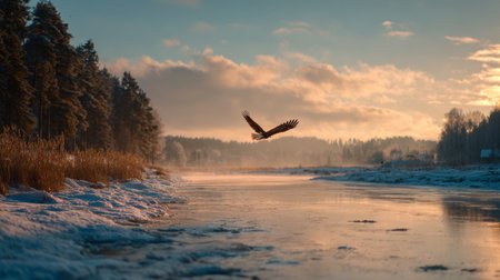 Majestic eagle soaring over a serene river at sunset in a winter landscapeの素材