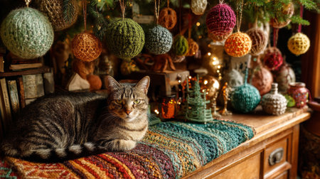 Cozy cat resting on a colorful blanket surrounded by festive decorations in a warm roomの素材