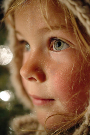 Close-up of a young child with sparkling blue eyes gazing thoughtfully, surrounded by soft glowing lights during a winter eveningの素材