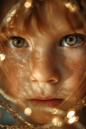 Close-up of a child with striking blue eyes surrounded by warm golden light during a cozy indoor settingの素材