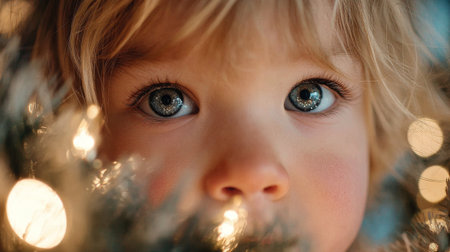 Childs excited gaze among twinkling Christmas lights during holiday celebrationsの素材