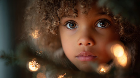 Child gazing curiously through a Christmas tree decorated with warm lights in a cozy indoor setting during the holiday seasonの素材