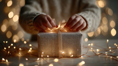 Childs hands carefully untie ribbon on a neatly wrapped gift surrounded by soft lights in a cozy setting during the holiday seasonの素材