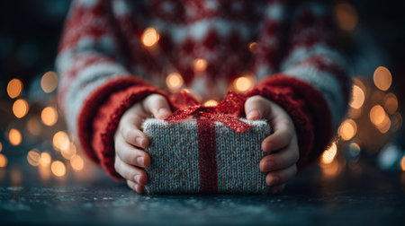 Child holding a small gift wrapped in festive paper with a glittery ribbon during a cozy holiday seasonの素材