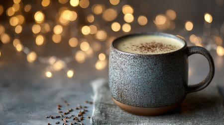 Warm cup of creamy beverage on a soft texture with twinkling lights in the backgroundの素材