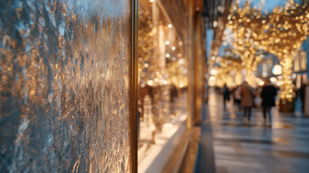 City street decorated with golden lights during evening holiday season strollの素材