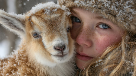 Young girl cuddles goat in snowy forest during winter afternoonの素材