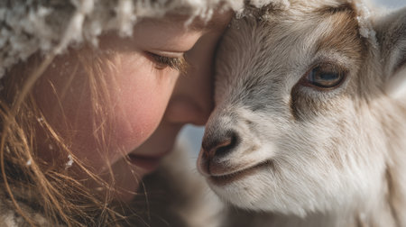 Girl interacts closely with a small goat, showcasing a heartwarming moment in a snowy environmentの素材