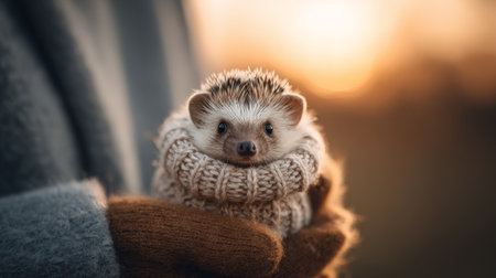 Hedgehog wrapped in cozy sweater held gently in hands during sunset in a serene outdoor settingの素材