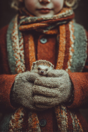 Child in warm clothing holding a small hedgehog on a cool day in the parkの素材
