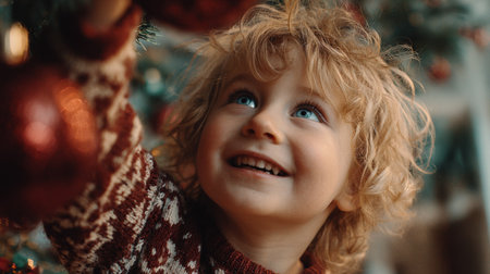 Joyful child decorates Christmas tree with bright ornaments in cozy indoor settingの素材