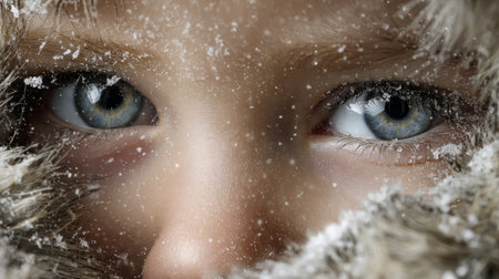 Blue-eyed child looking through snowy fur hood on a cold winter dayの素材