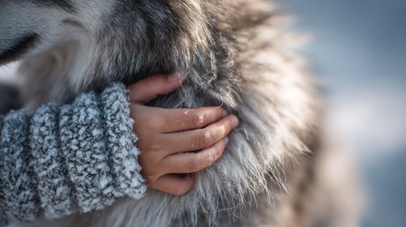 Child gently petting a fluffy gray dog in a snowy outdoor setting during winterの素材