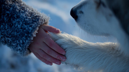 Child gently holding the paw of a dog in a snowy landscape during winterの素材