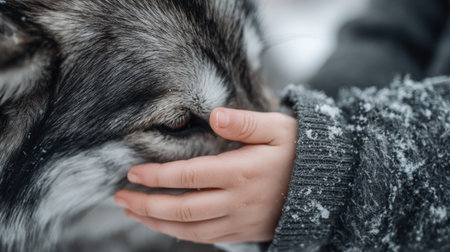 Person gently touching a wolfs face in a snowy environment during wintertimeの素材