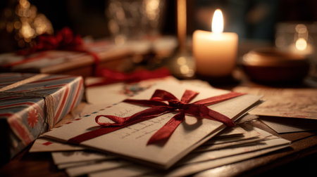 Warmly wrapped gifts and handwritten notes create a cozy scene during a festive evening celebrationの素材
