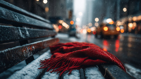 Red scarf rests on a snowy bench during a winter evening in a busy city streetの素材
