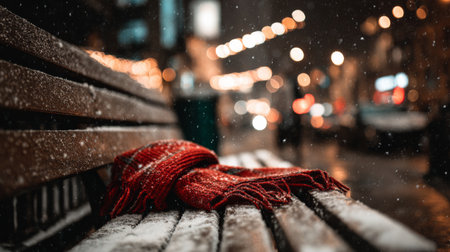 Snow gently falls on a cozy bench with a red scarf in a bustling city at nightの素材