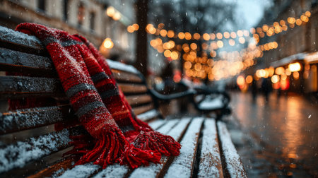 Snowy winter scene with a red scarf resting on a bench and festive lights illuminating the street at duskの素材