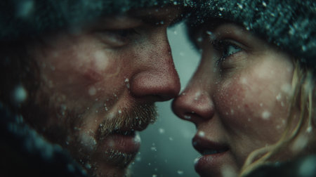 Couple sharing a romantic moment in the snow during winter in a serene landscapeの素材