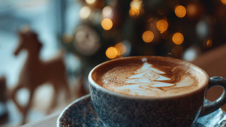 Coffee with festive latte art near a Christmas tree in a cozy cafe settingの素材