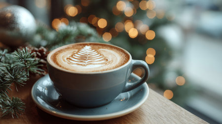 Cozy coffee with latte art near a decorated Christmas tree in a warm cafe settingの素材