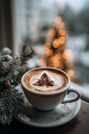 Warm coffee cup decorated with leaf art sits near a festive Christmas tree with lights in a cozy cafÃ© settingの素材