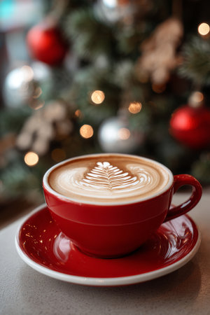 Warm cup of seasonal coffee with beautiful latte art in front of a festive Christmas tree during winter celebrationsの素材