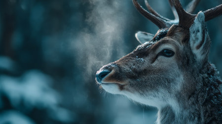 Close-up view of a deer with steam rising in a snowy forest during winter, showcasing its antlers and fur detailの素材