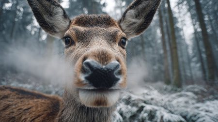 Close-up of a deer in a snowy forest during winter, showcasing its curious expression and surroundingsの素材