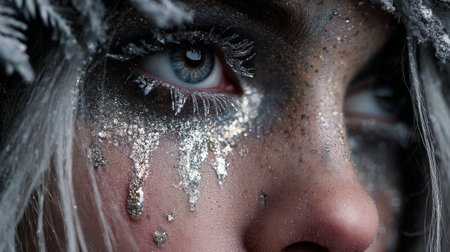 Close-up of a woman with glitter makeup and frost on her face in a winter wonderland settingの素材