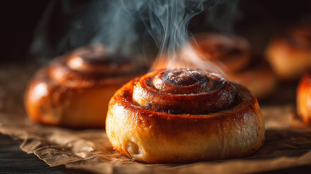 Freshly baked cinnamon rolls with steam rising, showcasing delicious texture and color, perfect for a cozy morning treatの素材