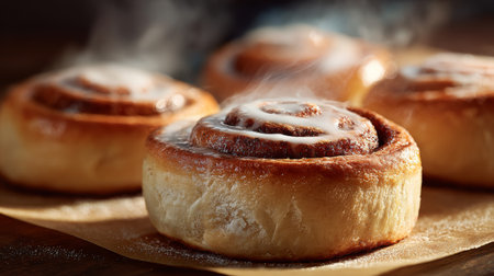 Freshly baked cinnamon rolls with icing resting on parchment paper in warm kitchenの素材